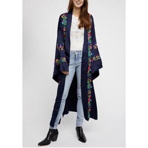 Free People Embroidered Floral Kimono Duster Navy Blue Size M Open Front NO Belt